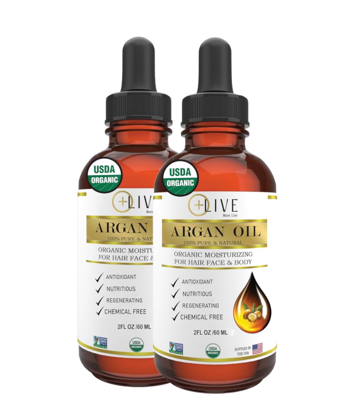 100% Pure Argan Oil for Hair - (2x2 fl oz /120 ml) Organic Moroccan Oil for Skin - Cold Pressed - Aceite de Argan para el Cabello - Hair Oil for Damaged Hair - Moisturizing and Strengthening