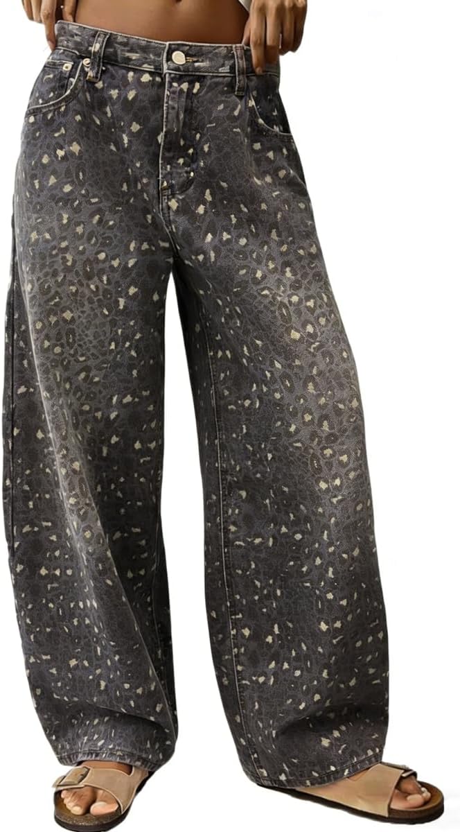 chouyatou Women's Y2K Baggy Leopard Print Jeans Boyfriend Patchwork High Waisted Wide Leg Denim Pants