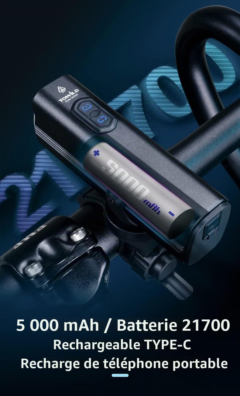 towild DLite1800 Eclairage Velo avec Télécommande sans Fil,Lampe Frontale Vélo 1800 Lumens Phare vélo à Double Source Lumineuse Haut Faisceau et Bas Faisceau Feux vélo Rechargeables 5000mAh pour VTT