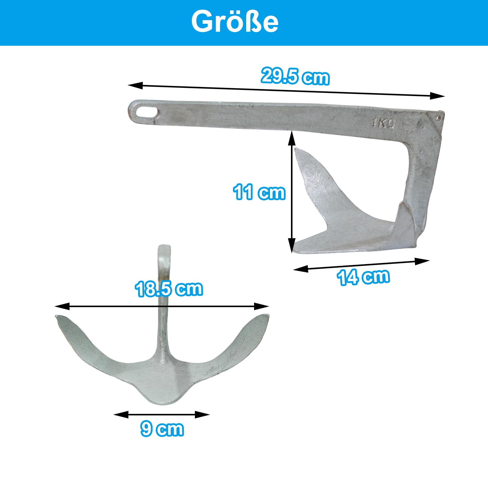 BeGrit Bruce Anker für Boot 1kg Stahlverzinkt Klappanker Verzinkt Anker