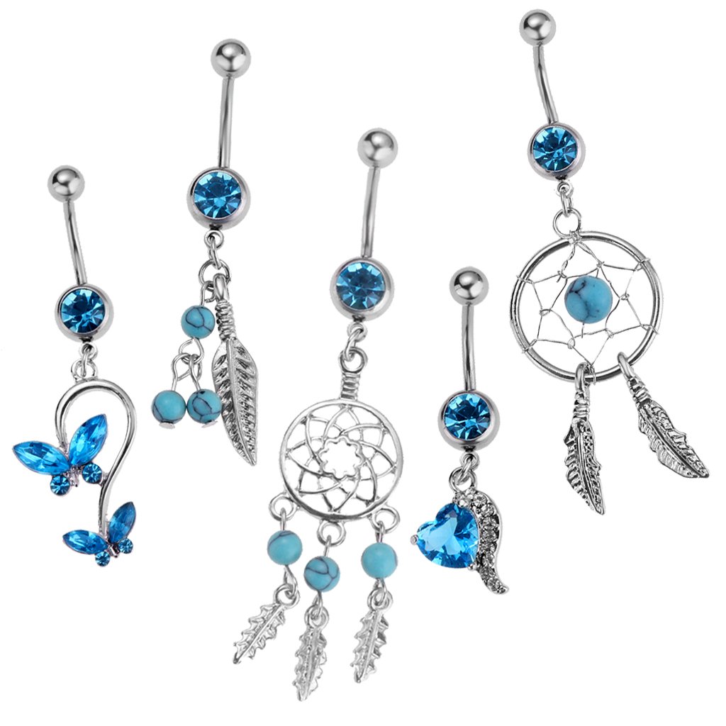 Piercing para ombligo con diseño de atrapasueños, mariposa, hoja, corazón, 5 unidades
