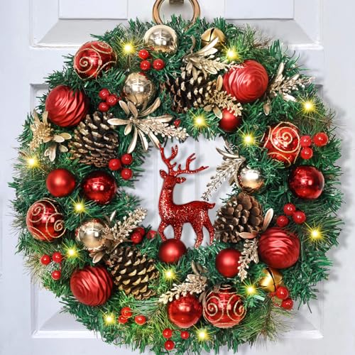 Christmas Wreath - 16' Christmas Wreaths for Front Door Red Christmas Reindeer Balls Berries Pine Cones Pine Needles Door Wreath for Home Wall Window Porch Indoor Outdoor Decor