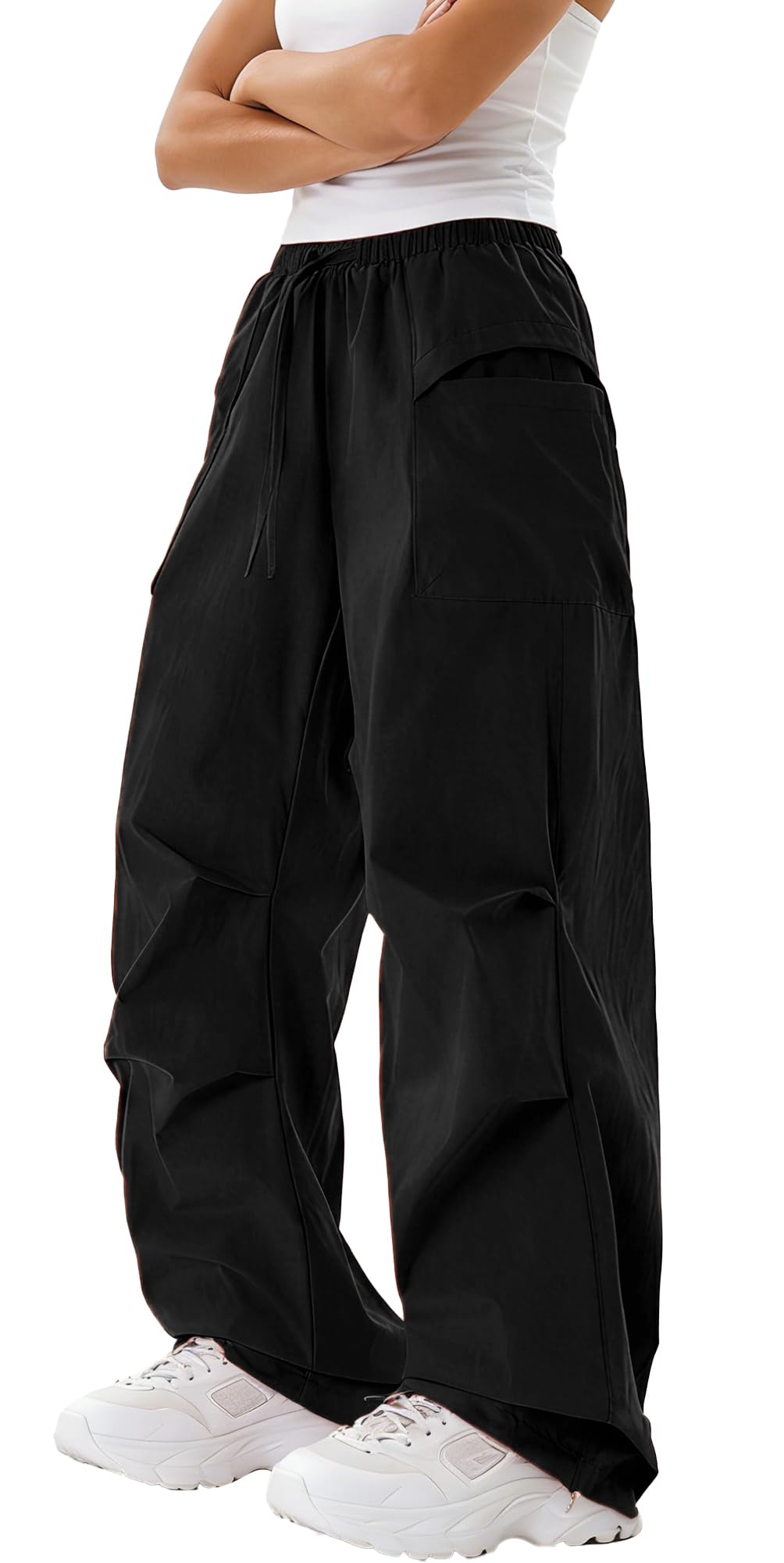FEOYA Damen Baggy Parachute Pants High Waist Y2k Cargohose mit Weites Bein Wasserdicht Wanderhose Schnelltrocknend Outdoor Trekkinghose
