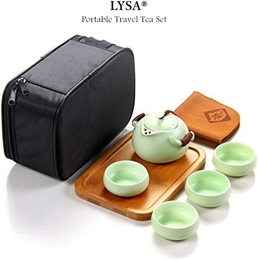 LYSA Portable Travel Tea Set - Chinese/Japanese Style Portable Travel Bag，100% Ceramic Kung Fu Tea Set -- Teapot & Teacups & Bamboo Tea Tray & Tea Mats (Green1)