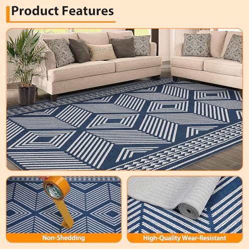 GlowSol Washable Rugs 8x10 Modern Geometric Living Room Rug, Non-Slip Tribal Neutral Large Rug, Stain Resistant Large Bedroom Stripe Accent Floor Carpet for Dining Room Office,Blue