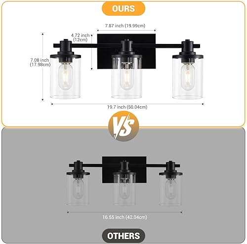 Miniatura 3 de DADUL 3 lámparas de tocador de baño negras y doradas sobre el espejo, moderna lámpara de tocador dorada con pantalla de vidrio transparente, aplique