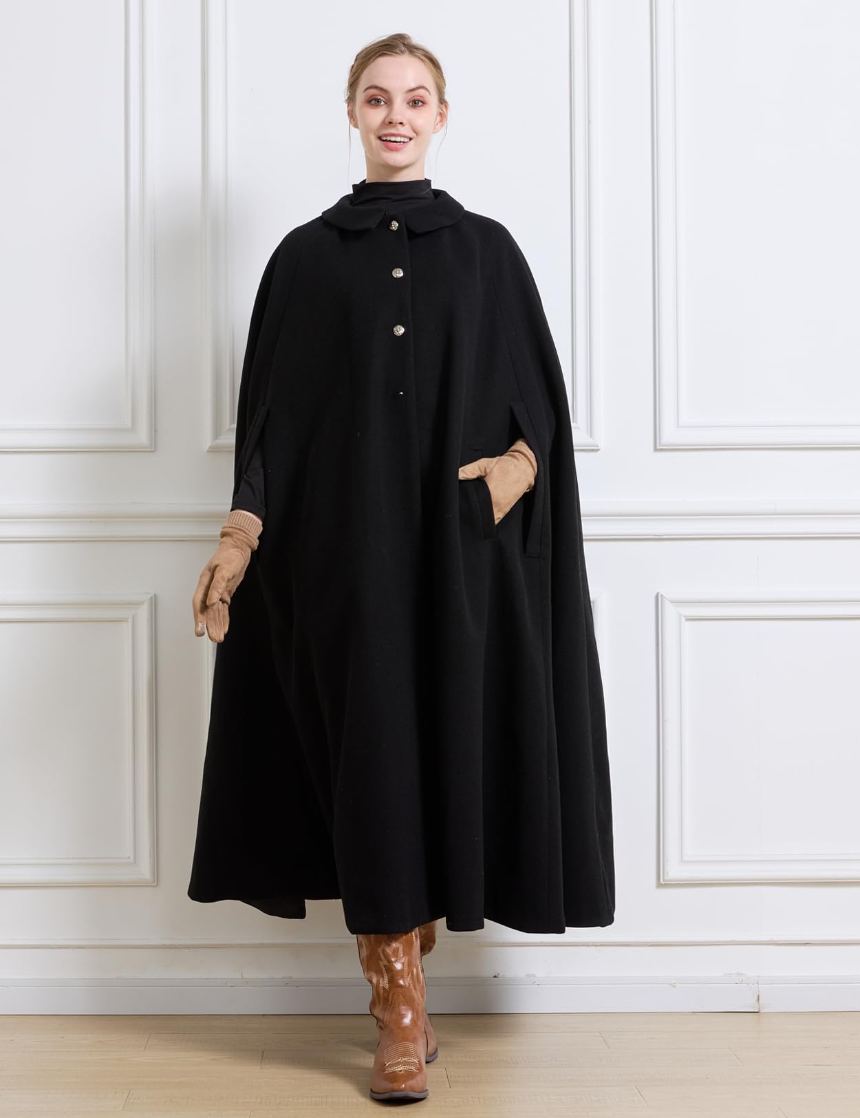 BEAUTELICATE Mantello Cappotto Donna Lungo in Lana Misto Vintage Mantello Ampio Caldo Poncho Cape per Sera Matrimonio Quotidiano Inverno Autunno con Tasche a Bottone Blu 128 cm