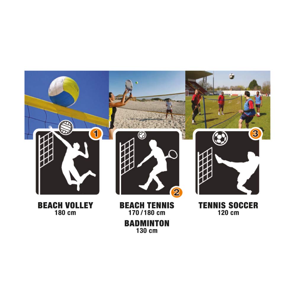 Sport1 Outdoor Set multisport. Ideale per beach volley, beach tennis, badminton e tennis soccer. Rete pallavolo impermeabile e regolabile con paletti, picchetti, nastro per campo e sacca inclusi.