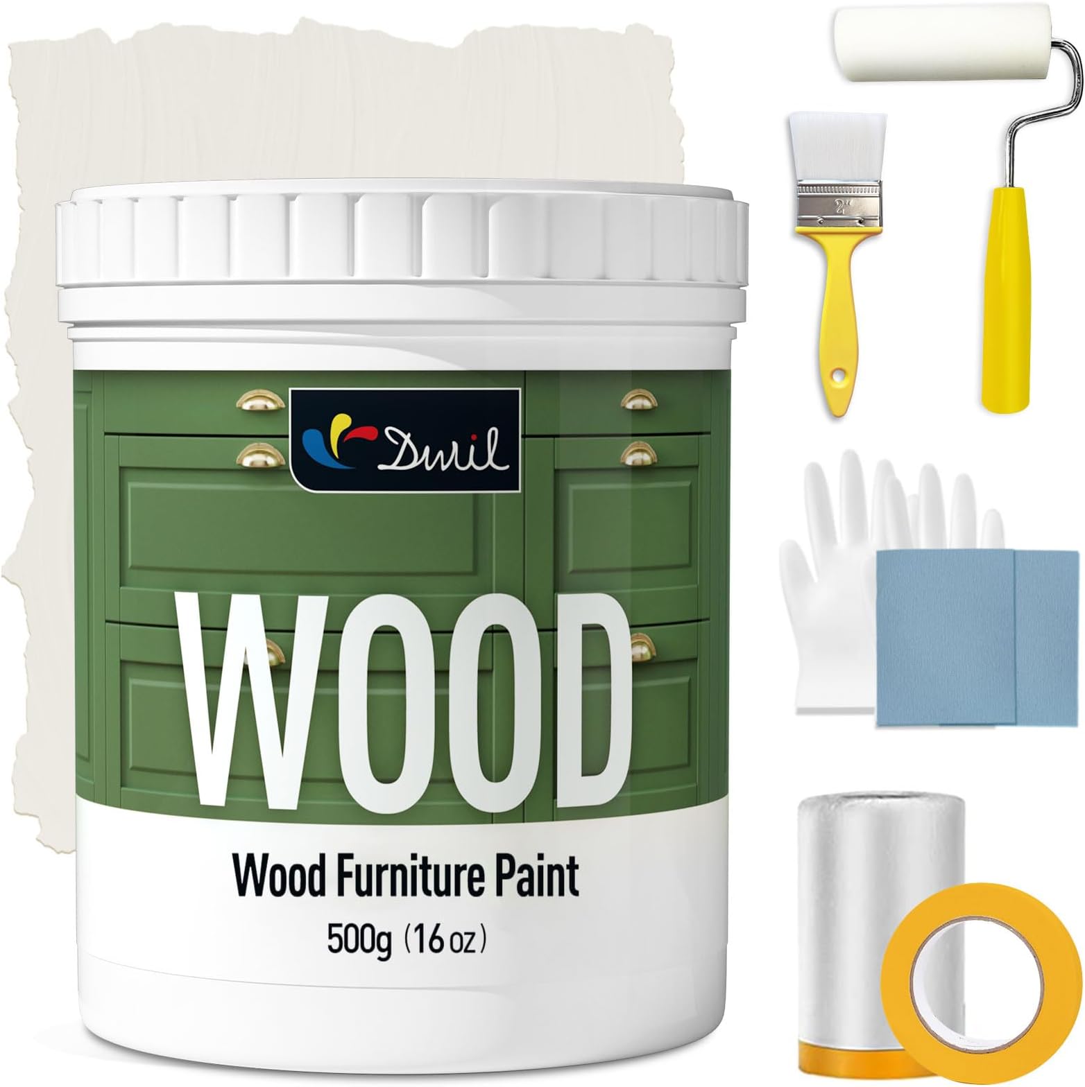 DWIL Matte Finish Furniture Paint - 16 Oz Wood Paint for Cabinets, Doors, Tables, and Dressers Refinishing - Water-Based, Non-Toxic & Odorless, Easy to Apply(Ivory White)-With Tools