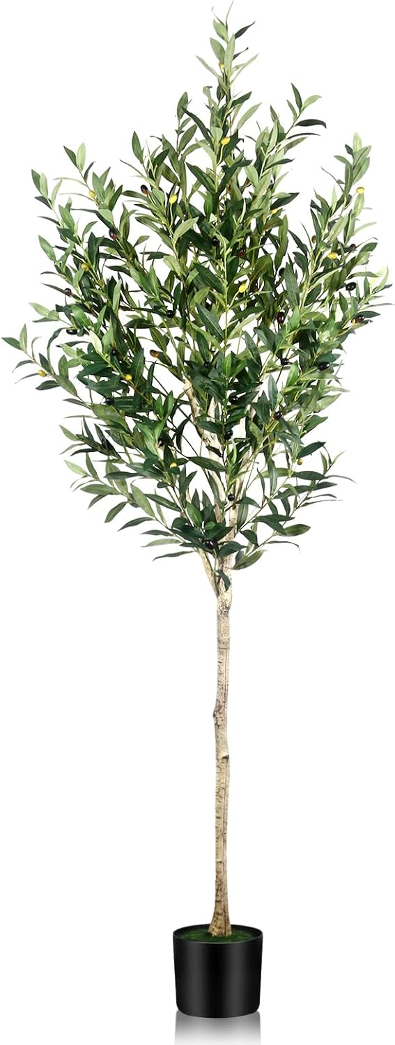 6FT Olive Tree Artificial Indoor - Tall Faux Olive Tree with Wood Trunk and Lifelike Fruits - Fake Plants in Pot for Home Office Living Room Decor