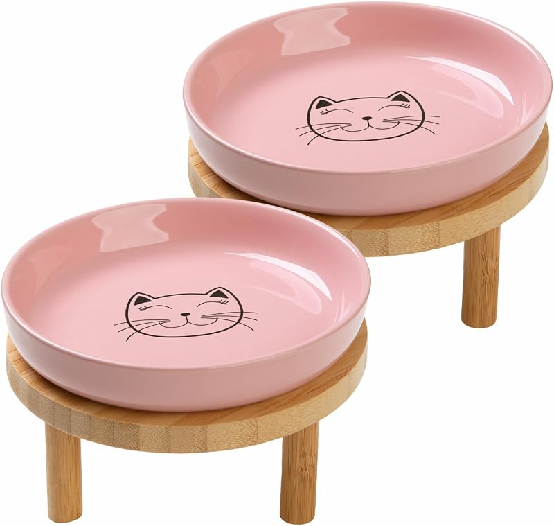 Lusifaco Shallow Wide Elevated Cat Bowls Whisker Fatigue(Pink,Set of 2) | 5.9 Inch 2 Height Raised Ceramic Cat Dishes with Bamboo Stand, Flat Pet Water Food Plates Feeding Station for Indoor Kitten