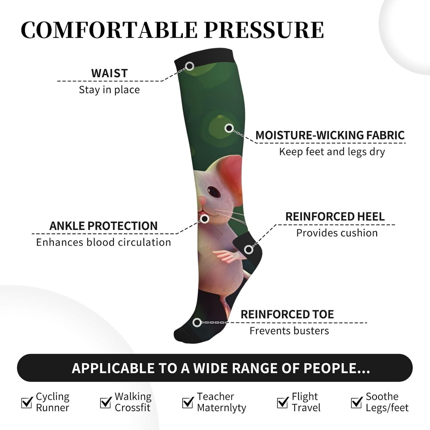 Cute Mouse Compression Socks For Women Men 15-20mmhg Graduated Support Circulation Knee High Socks For Nurses Athletic