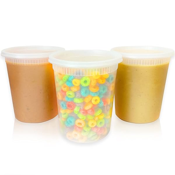 KitchnMore 32oz Plastic Deli Food Storage Soup Containers with Airtight Lids, Extra-Thick, Slime, Soup, Leakproof,Stackable,Microwave/Freezer/Dishwasher Safe, BPA Free (24Pack)