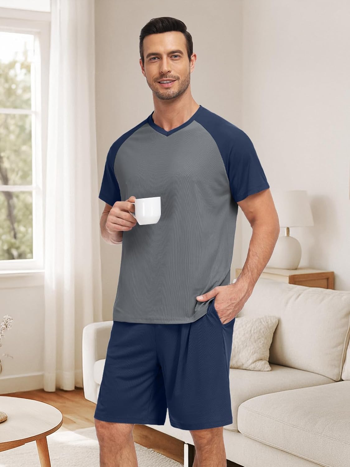 Feiersi Mens Pajama Set Summer Soft Short Sleeve Pjs Sets Lightweight Quick Dry Comfy Loungewear Sets With Pockets - Image 5