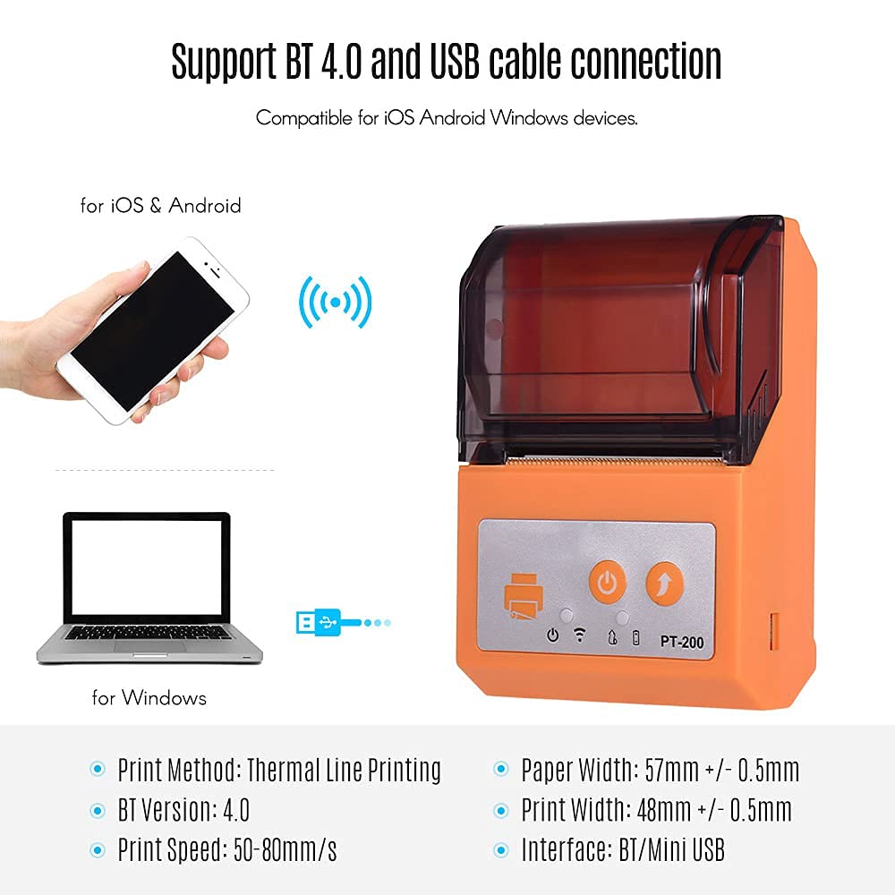 Stampante Termica Portatile da 58 mm, Stampante Compatibile ricevuta BT Wireless comandi Stampa ESC/POS impostati Windows, Arancione