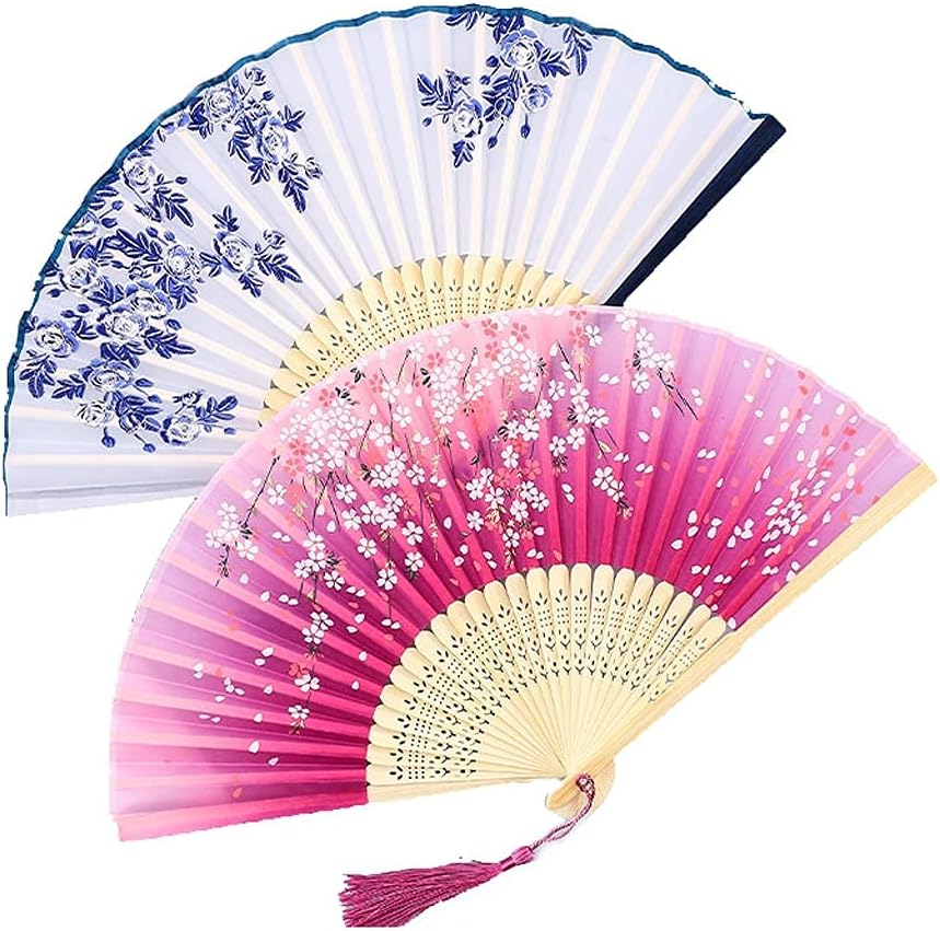 Folding Fan 2pcs Antique Folding Fan Chinese Style Summer Tassel Dance Portable Folding Fan Home Ceremony Decorative Folding Fan (Color : A) (E)