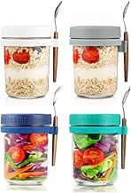 Overnight Oats Jars with Lid and Spoon Set of 4,10 oz Large Capacity Airtight Oatmeal Container with Measurement Marks, Mason Jars with Lid for Cereal On The Go Container 4packs