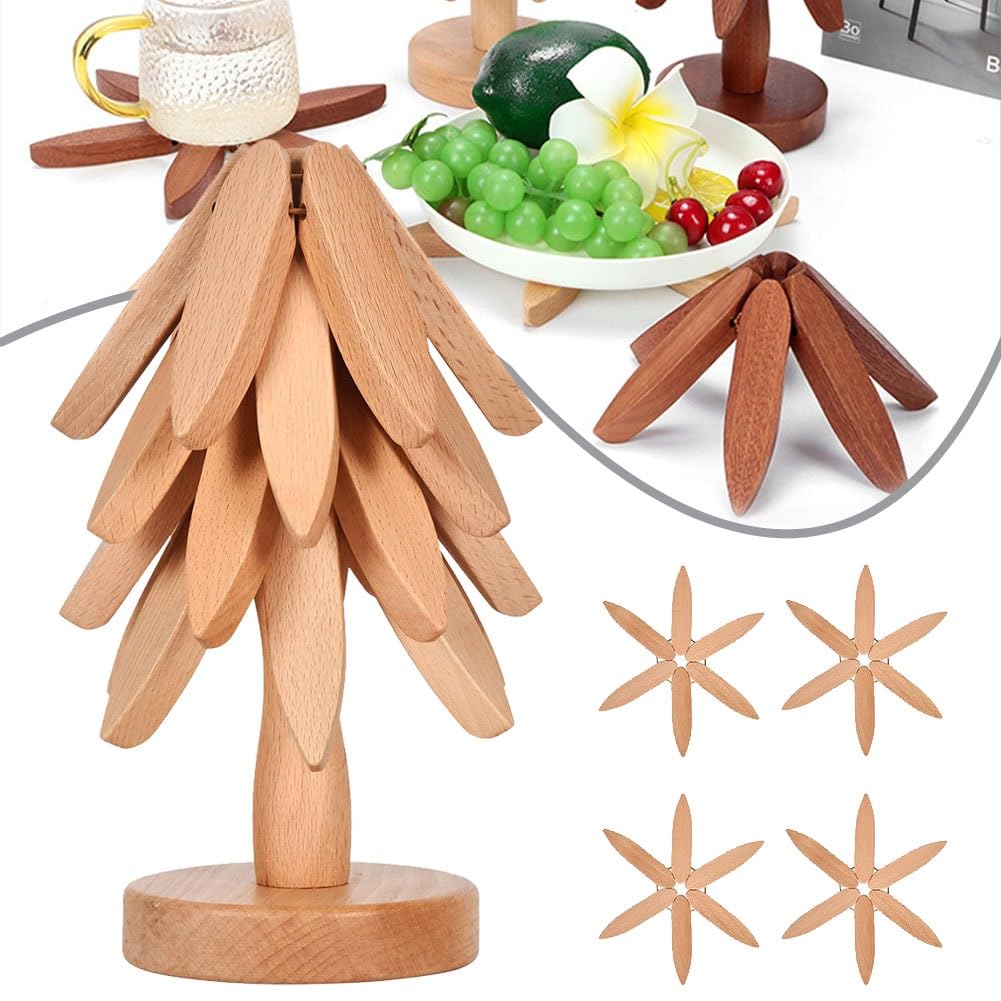 Wooden Trivet for Hot Dishes, Tree Shaped Wooden Trivet, Trivet for Hot Pots and Pans Decorative Wooden Kitchen Accessories Folding Coasters