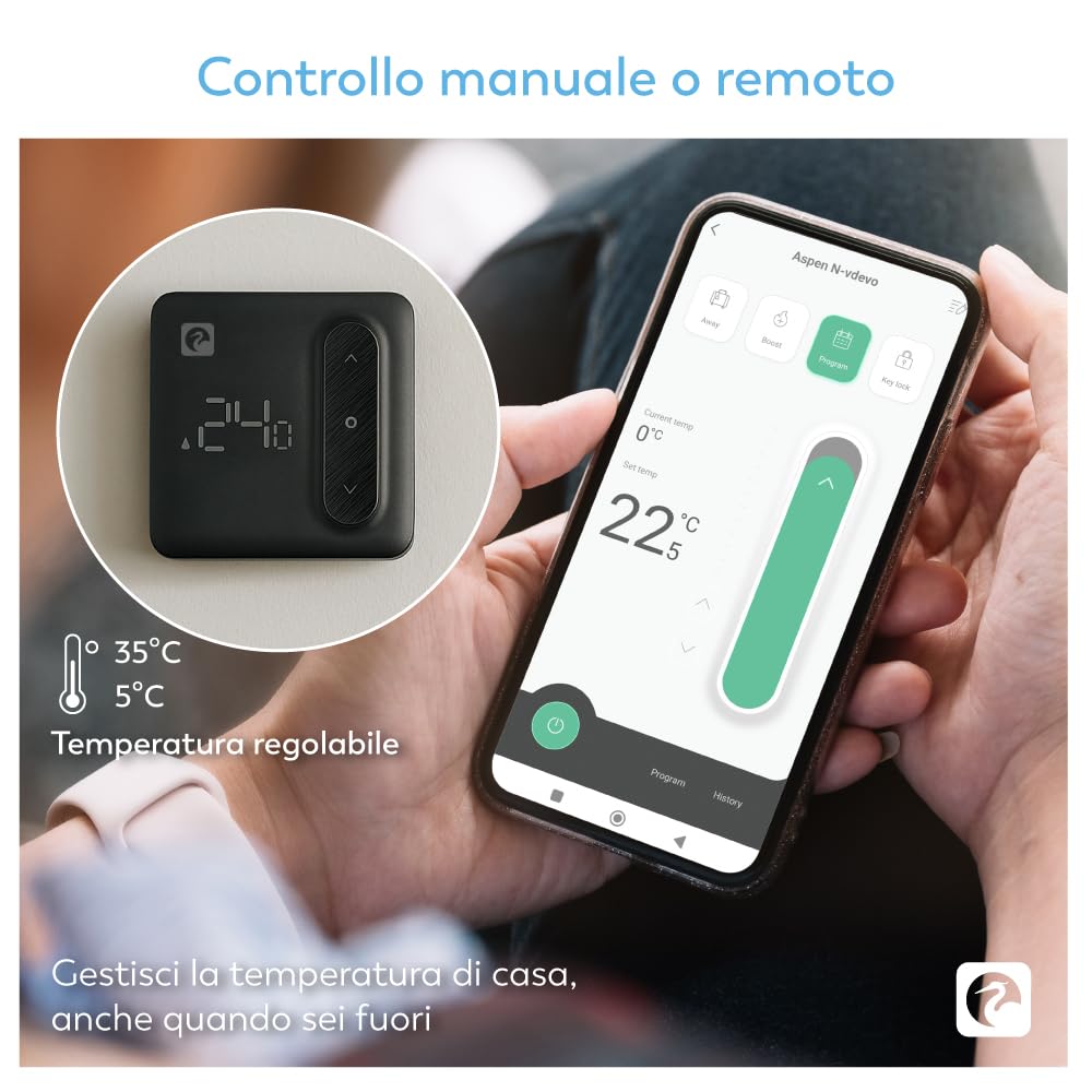 Garza - Termostato de 2 Hilos Wi-Fi Inteligente para Caldera y Calefacción, con Adaptador, Medidor Consumo, Control táctil, Detección Ventanas Abiertas, Control App y Voz, Alexa/Google, Negro