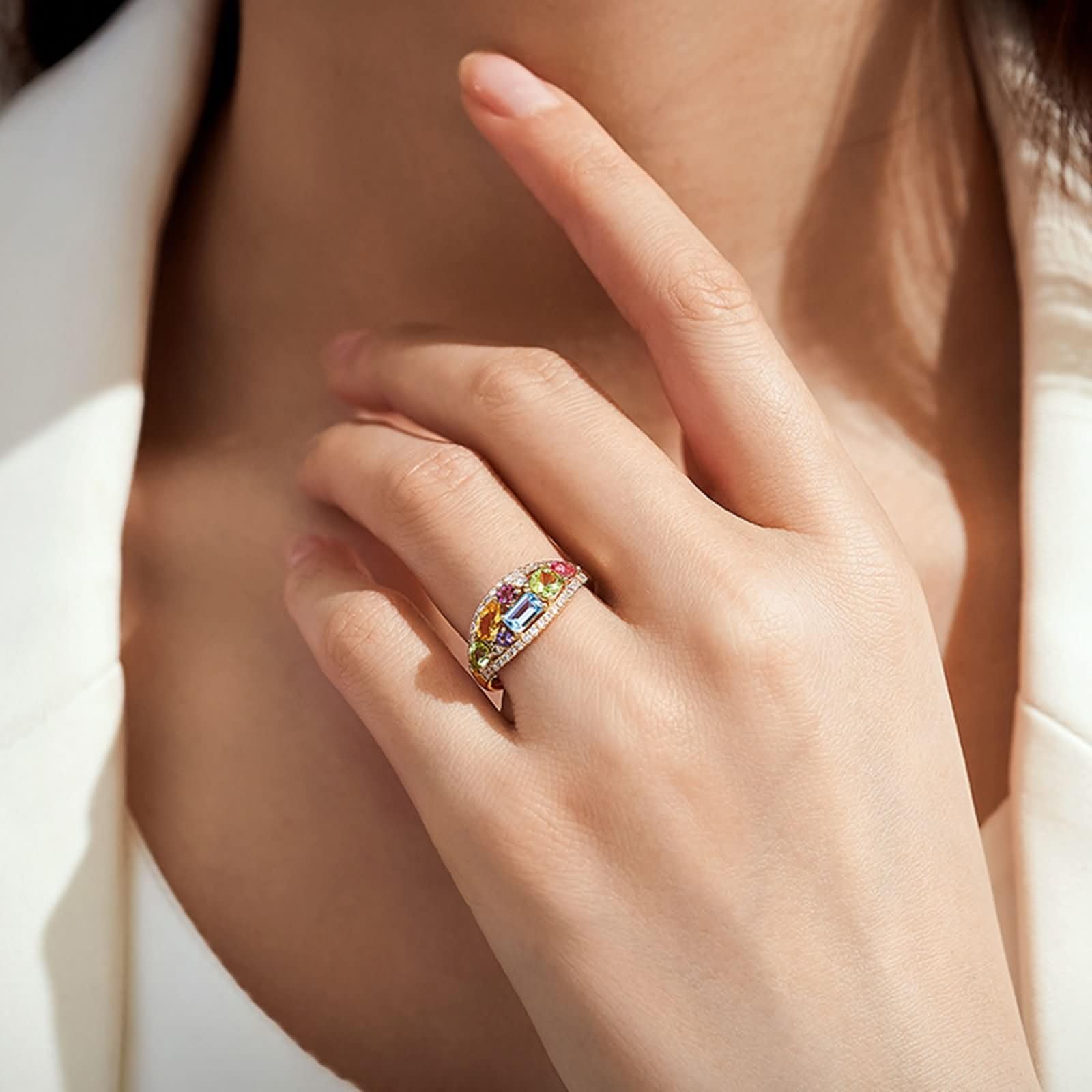 9K damski pierścionek z żółtego złota, geometryczny z kolorowymi kamieniami szlachetnymi 1,2 ct, pierścionek ślubny, żółte złoto, rozmiar 11 (51 mm)