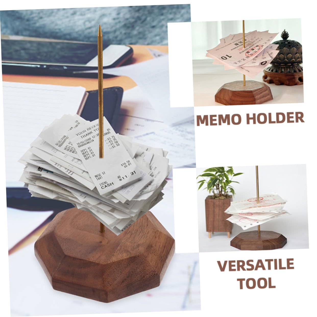 LIFKOME Soporte para Recibos de Mesa con de Cobre y Base de Madera Nogal Organizador Estable para Tickets y Pedidos Restaurantes y Bares Accesorio Práctico para Oficina y Comercio