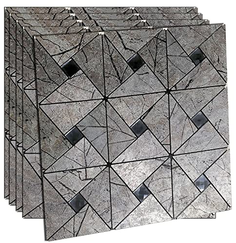 XUANINY 5-Sheet Peel and Stick Metal Backsplash Tiles, Self Adhesive Triangle Multicolor Aluminum Mosaic 3D Wall Sticker for Living Room Bedroom Decor (5 Sheets, Printed Grey Maple Leaf)