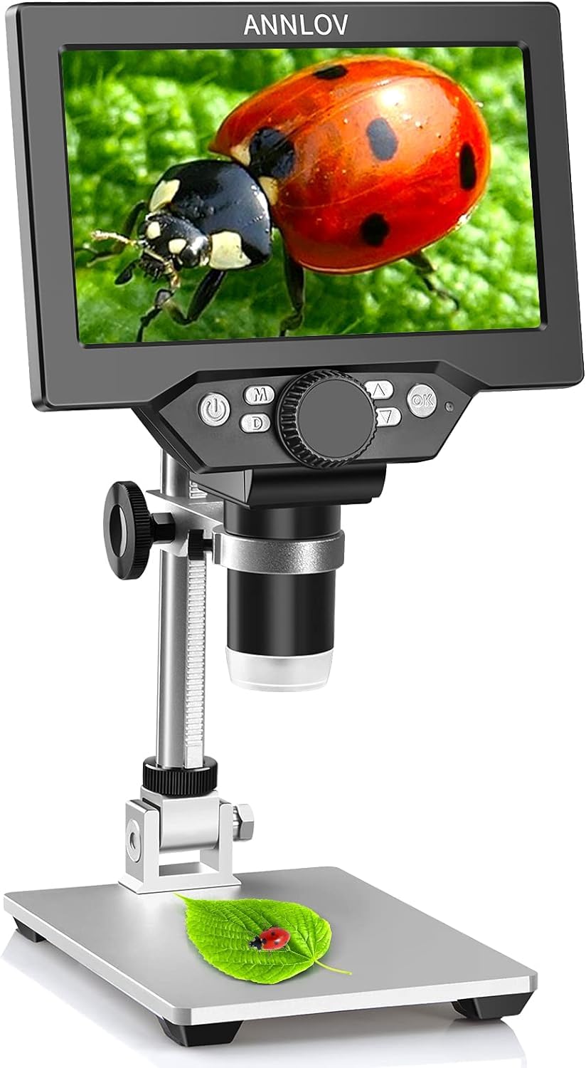 REES52 7" LCD Digital Microscope ANNLOV 1200X Maginfication 1080P Coin Microscope with Metal Stand,12MP Ultra-Precise Focusing Video Camera for Kids Adults,8 LED Fill Lights Windows/Mac Compatible