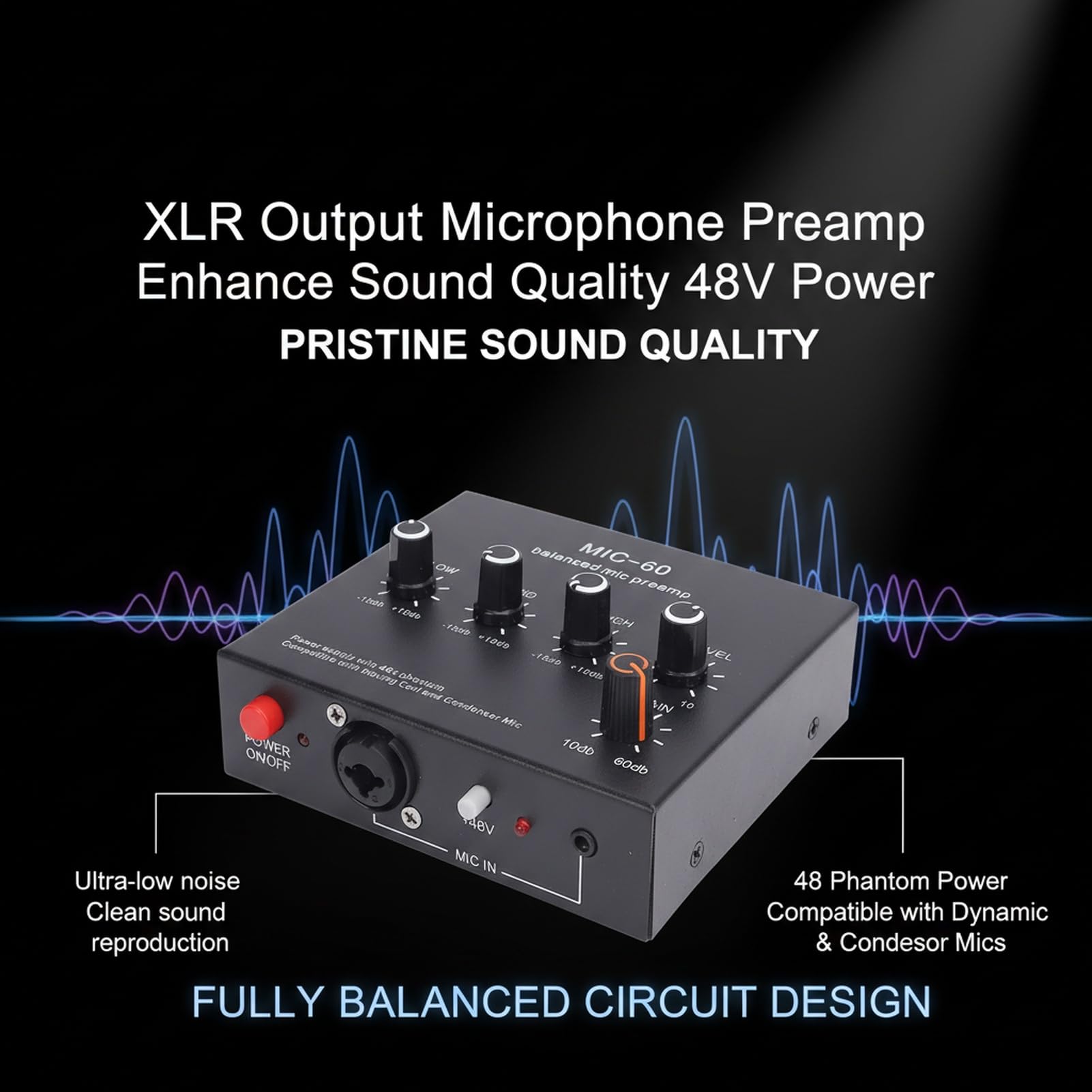 Preamplificador de micrófono XLR balanceado SustVita con ganancia de 10-60 dB, potencia de 48 V para micrófonos dinámicos y de condensador, un amplificador de ganancia de