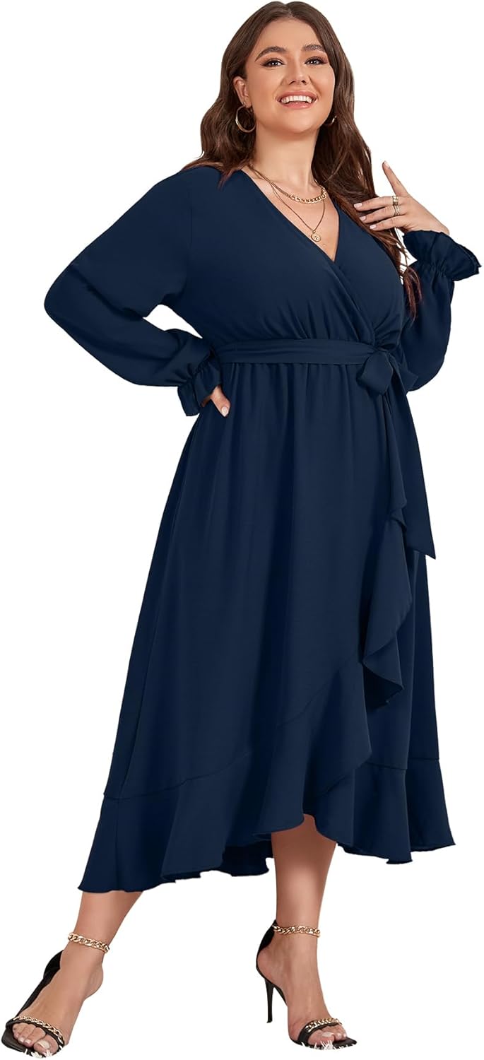 SCOMCHIC Women Plus Size Formal Dresses Fall Long Sleeve Faux Wrap V Neck High Low Ruffle Cocktail Wedding Guest Maxi Dress - Image 6