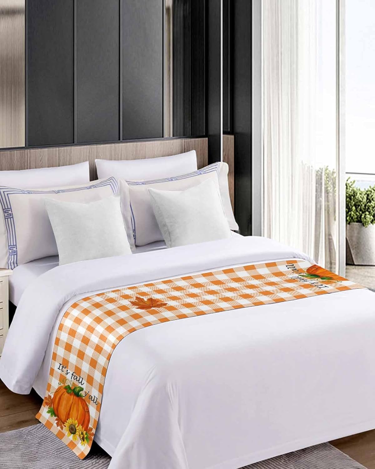 Thanksgiving Bed Runner Scarf It's Fall Y'all Pumpkin Orange Buffalo Plaid Bedding Scarf Decorative Bed Runners Cover for Home Bedroom Hotel Wedding Room Bed Scarf for Foot of Bed Full 83x20in
