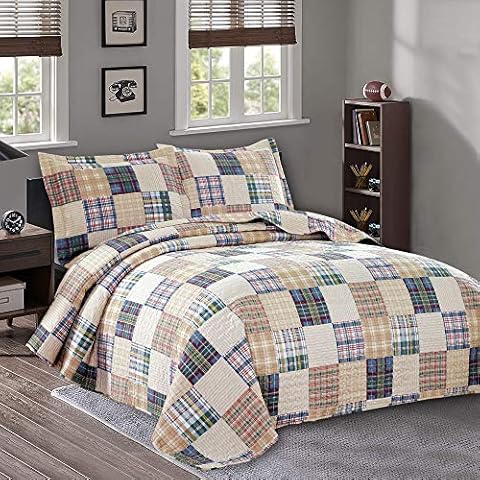Quilt Set Queen/Full Size Beige Plaid Bedspread Country Patchwork Bedding Red Blue White Plaid Quilts Reversible Plaid Printed Quilt Coverlet All-Season Mens Plaid Quilt+2 Pillow Shams (90"90") Beige Cover