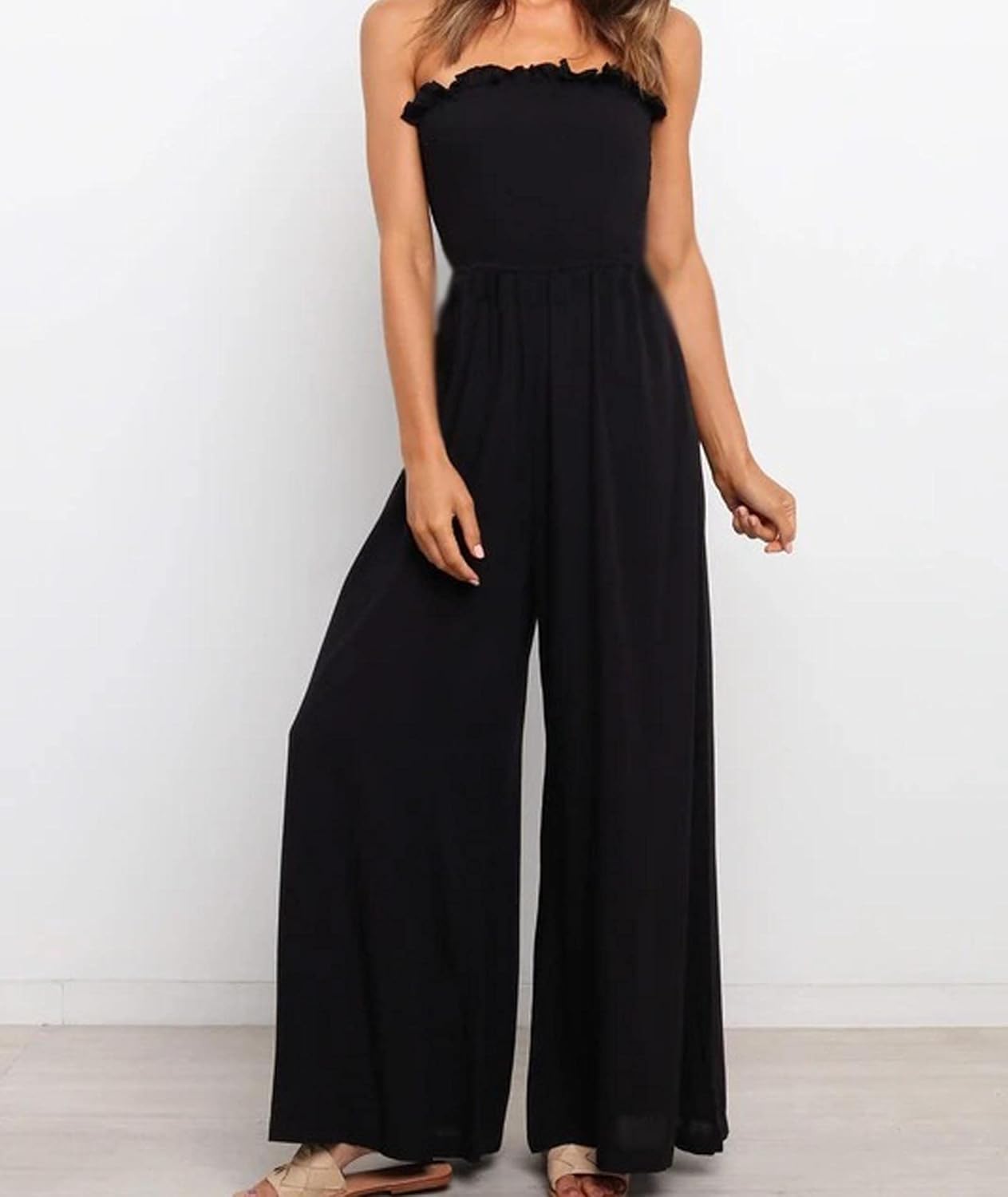 SEMATOMALA Women's Strapless Casual Dressy Jumpsuit Smocked Ruched Wide Leg Pants Romper Tube Top Jumpsuit - Image 4