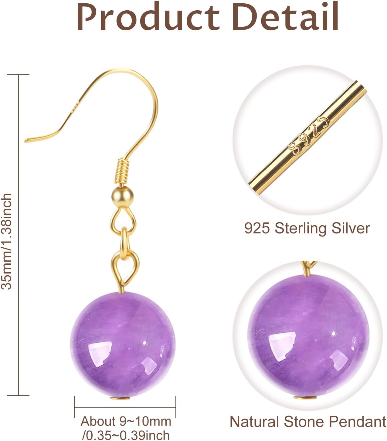 Crystal Earrings for Women Dangling Sterling Silver 10mm Round Natural Stone Earrings Crystal Dangle Drop Earrings Gemstone Earrings Christmas Gifts Jewelry Gift for Women - Image 5