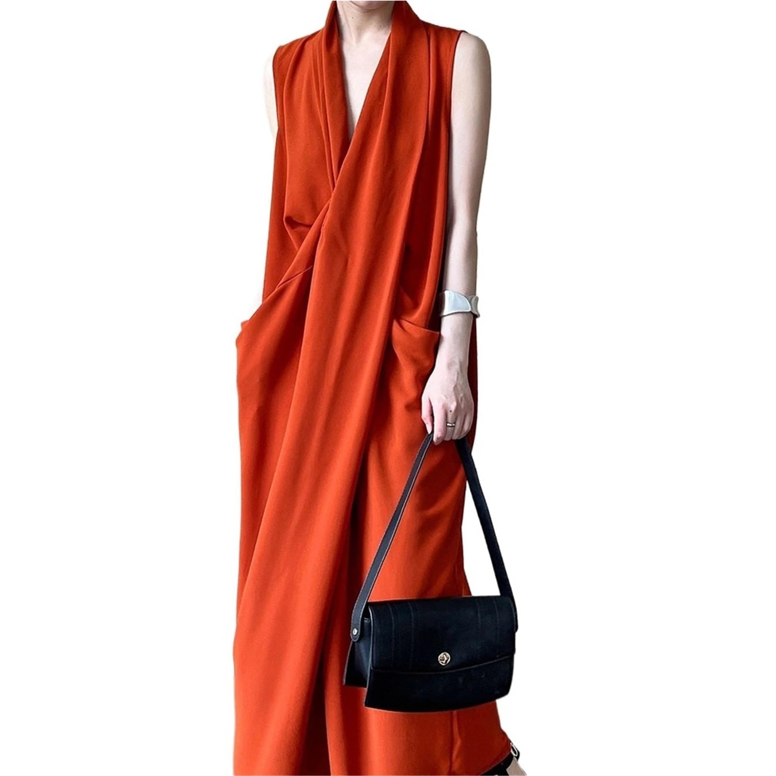 Vestido Sin Mangas Vestido Femenino sin Mangas con Temperamento de Color sólido, Escote en V Profundo, Pliegues, Vestido Largo Suelto Informal para la Mujer