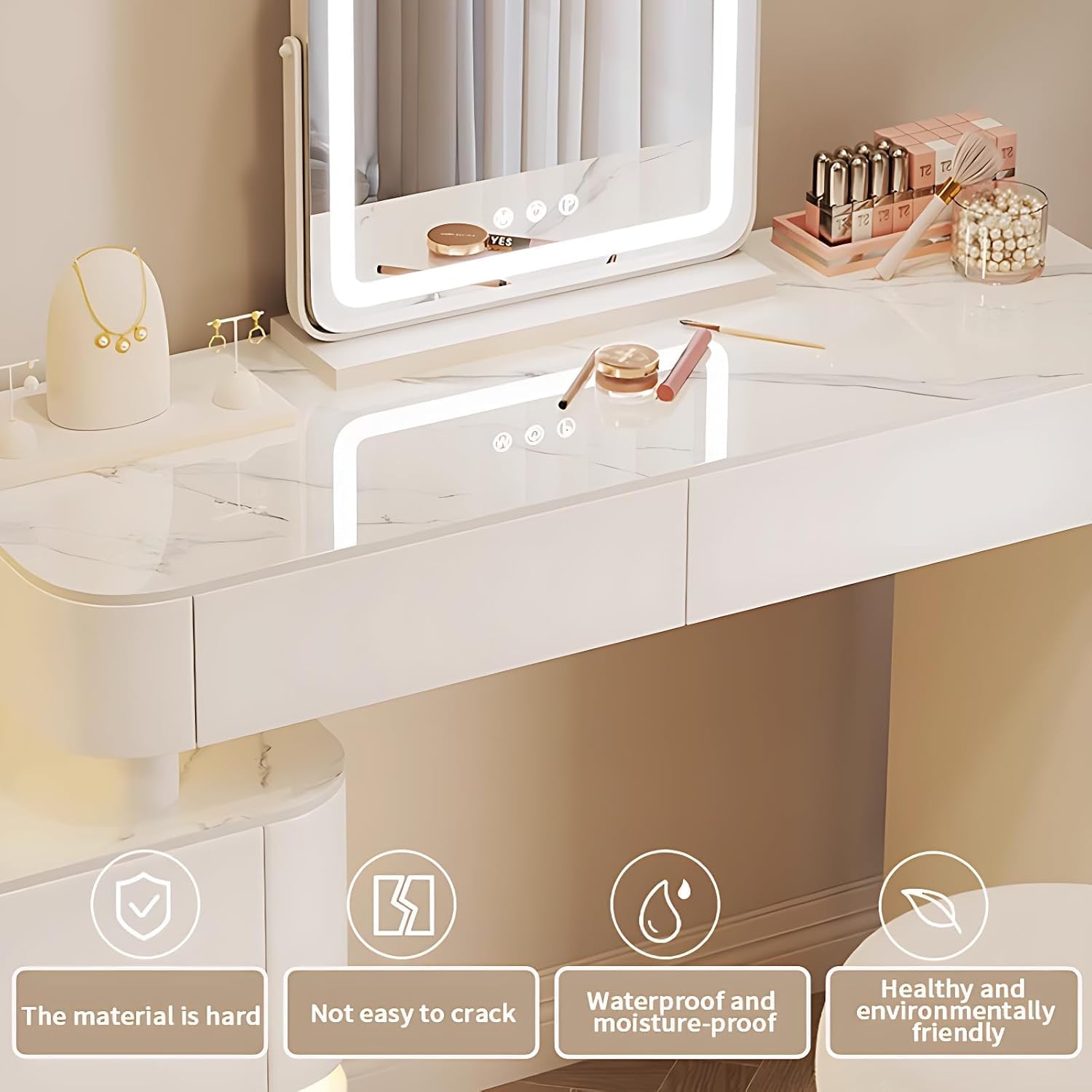 Modern Vanity Table with Drawers - Luxury Vanity Set with LED Smart Makeup Mirror & Stool | Solid Wood Bedroom Vanity Table | Fashionable Atmosphere Light Design