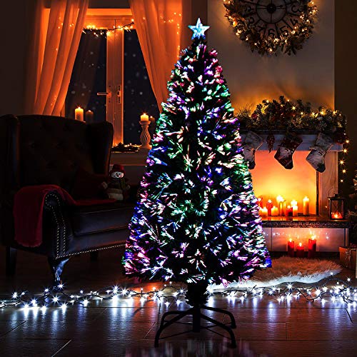 SHATCHI 6Ft/180cm Fibre Optic Christmas Multicolour Changing LED Decorations-Pre-Lit Green Artificial Xmas Tree Colourful Lights, PVC, 6ft SHATCHI 6Ft/180cm Fibre Optic Christmas Multicolour Changing LED Decorations-Pre-Lit Green Artificial Xmas Tree Colourful Lights, PVC, 6ft