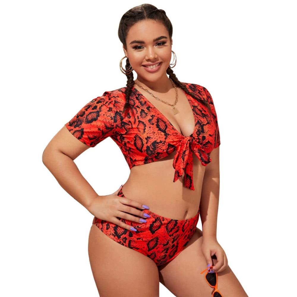 SAEEKOTwo Piece Bathing Suit for Women, Plus Size Swimdress, Red Leopard Print Padded Bodysuit High Waist Bikini Swim Dress