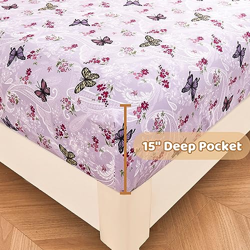 Image of Softan Floral Twin Size Sheet Set, Purple Paisley Flower Printed Sheets for Kids Girls, Brushed Microfiber Fitted Sheet with 15 inch Deep Pocket & Non-Slip Straps, Butterfly Patterned Sheets