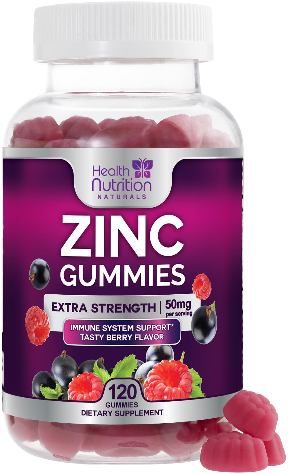 Zinc Gummies 50mg - Extra Strength Skin Health & Immune Support Gummy, Vegan, Non-GMO & Gluten Free - Best Zinc Supplement Antioxidant Heart & Bone Health Chewable Tasty Berry Flavor - 120 Gummies