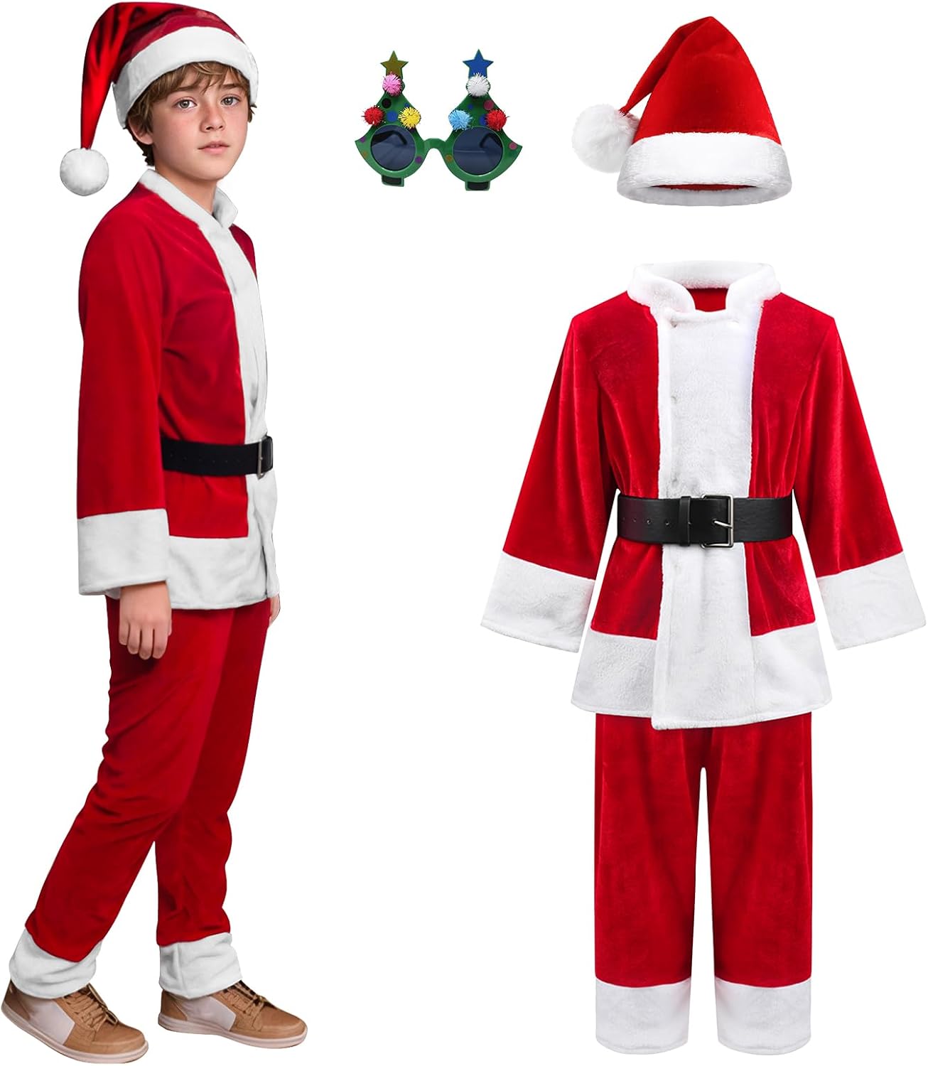 Kids Christmas Santa Costume Suit Cosplay Deluxe Plush Claus Costume for Boys Girls Halloween Christmas Party Outfits