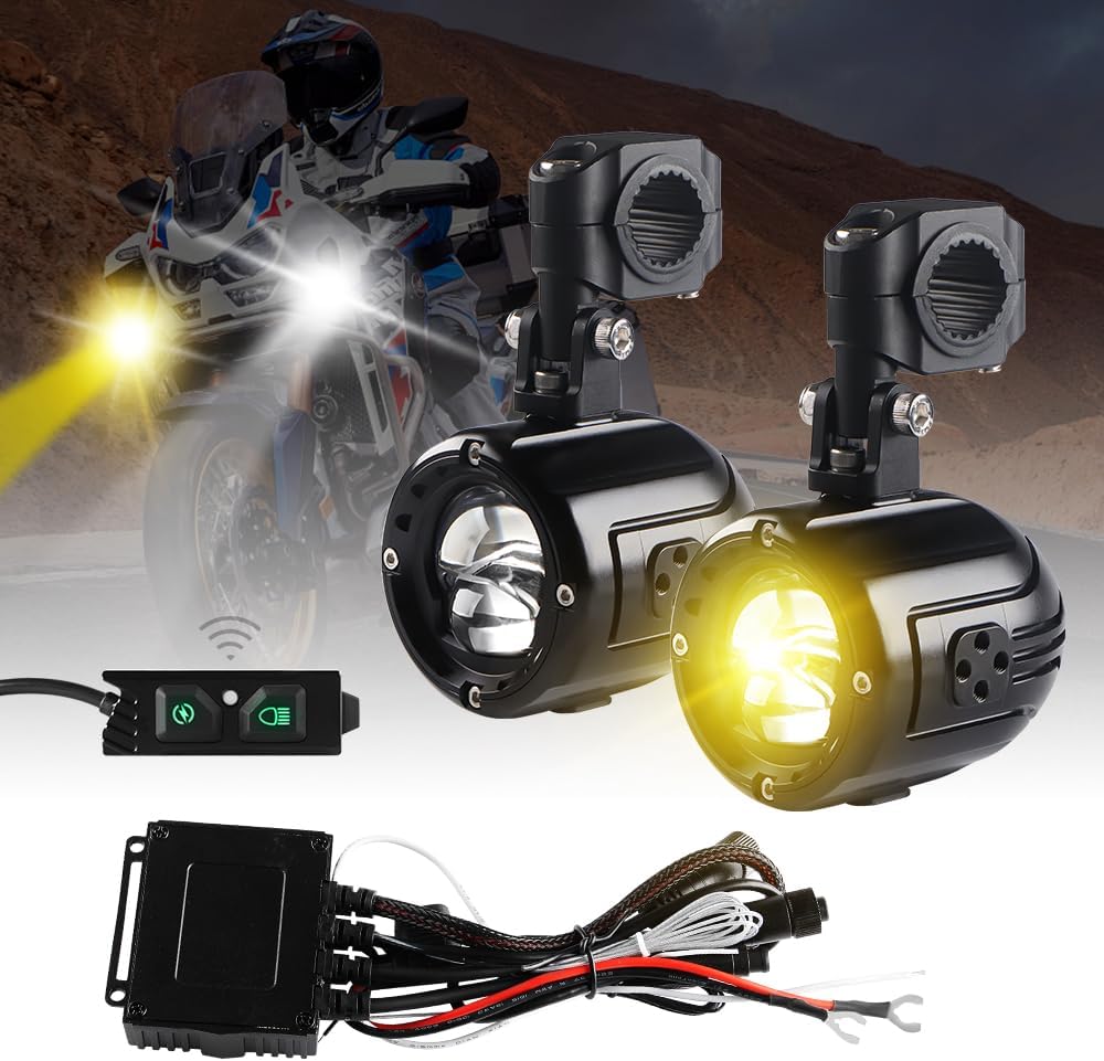 Sidaqi LED Motorcycle Light Amber White Driving Fog Light 140W 6 Modes High Power 15000LM Waterproof with Light Sensing Function Wire Harness Fog Auxiliary Light Kit for Motorcycle Car SUV ATV UTV
