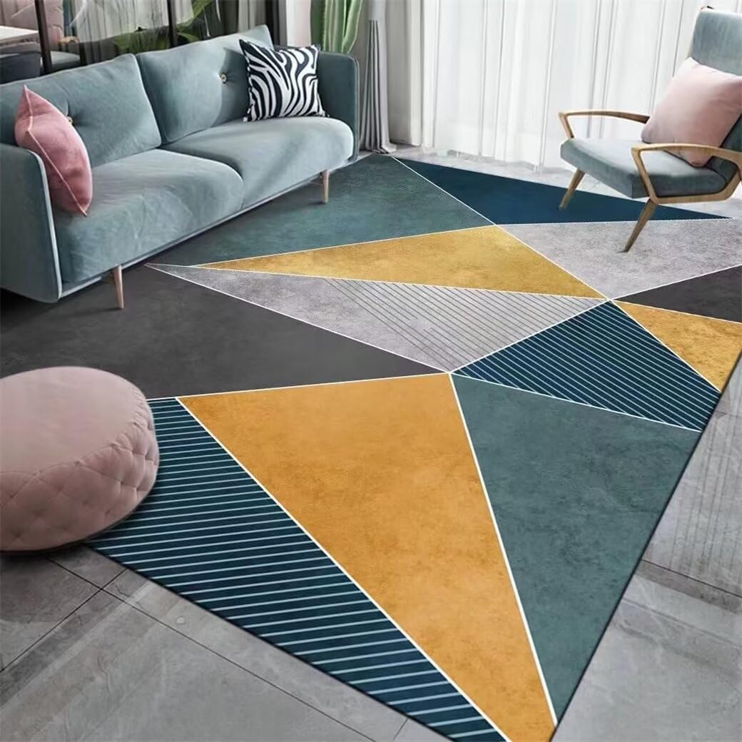 Tapis poil court jaune géométrique 80x150cm facile à nettoyer pour salon