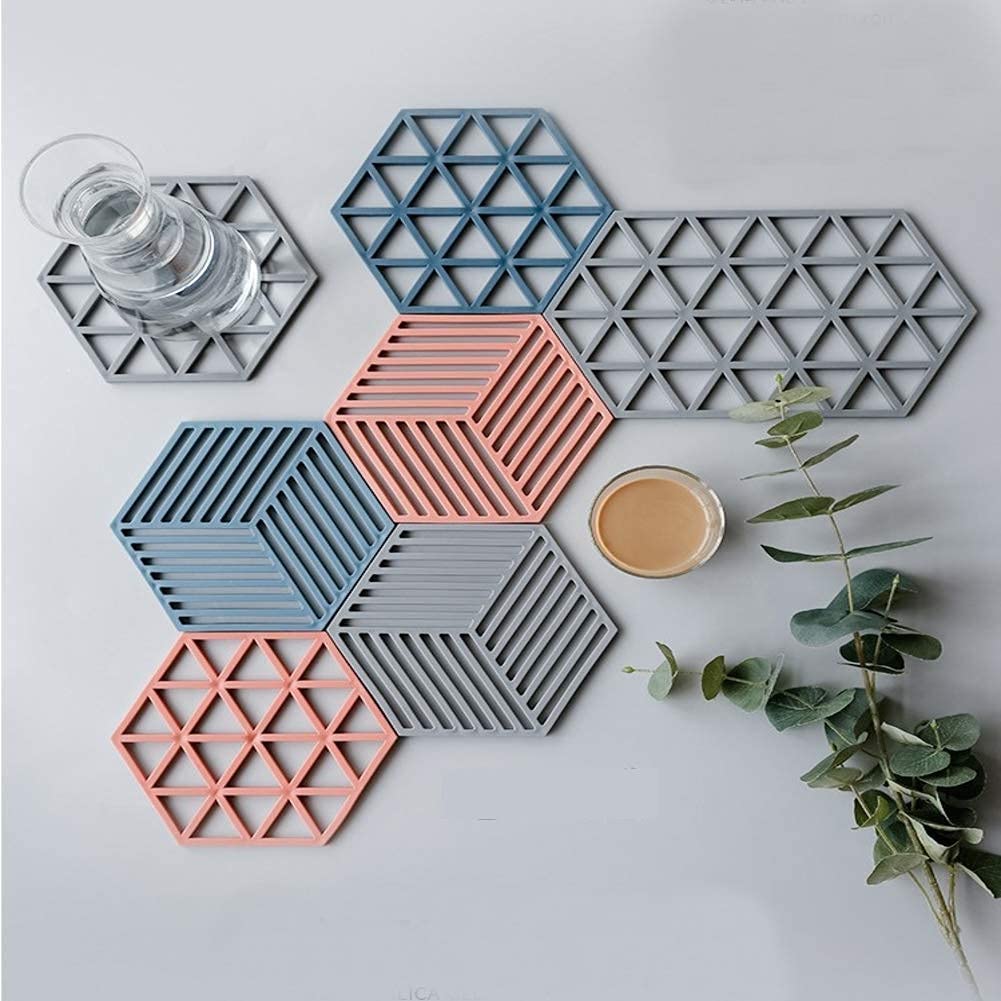 Primetan Trivet Mats,4 Pack Silicone Table Mats Heat Resistant Hot Pans Non-Slip Pot Holders Placemat for Bowl Dishes Kitchen Cooking Dining (Blue-Line)