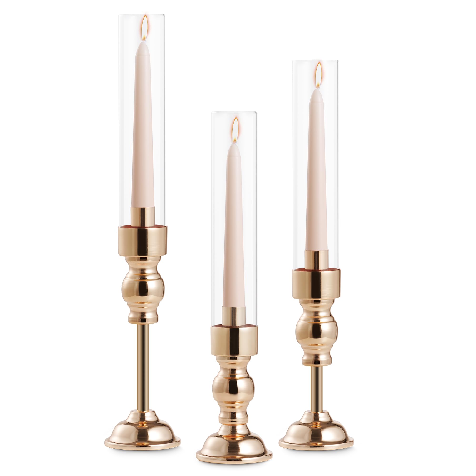 CappyBliss 3PCS Hurricane Candle Holders Set - Gold Candlestick Holders for Taper & Pillar Candles, Decorative Centerpiece for Dining Table, Wedding, Home Decor, Fit 3/4