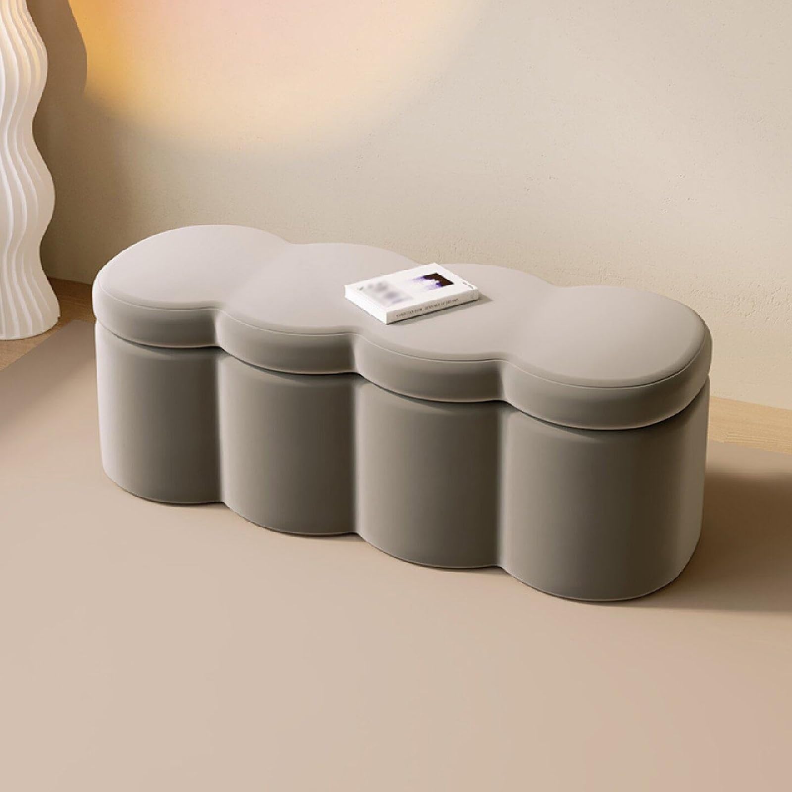 Banc coffre de rangement velours gris bout de lit 100cm pouf salon