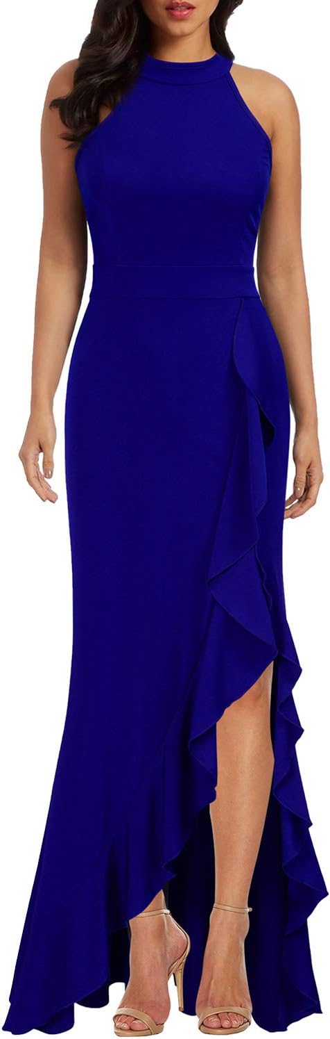 WOOSEAWomen's High Neck Split Bodycon Mermaid Evening Cocktail Long Dress