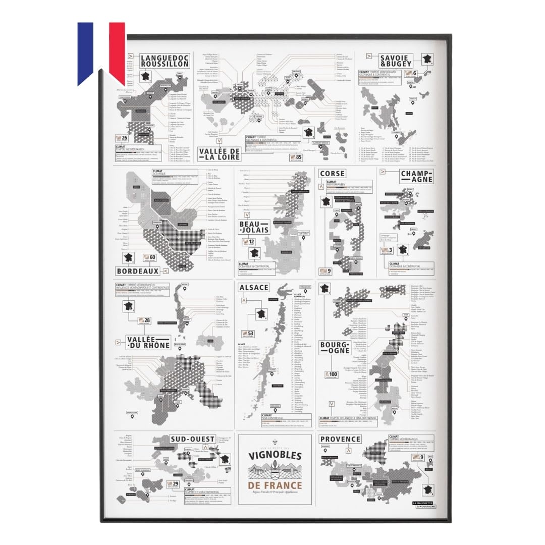 La Majorette à Moustache - Affiche Carte des Vignobles Français - Poster Œnologie, Idée Cadeau Originale - Décoration Murale 50x70 cm - Fabriquée en France