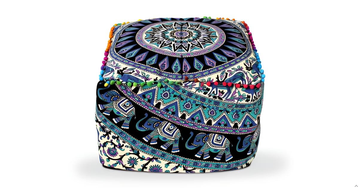 Mandala Meditation Floor Pillows Square Pillow Seating for Hippie Decorative Adults Bohemian Floor Cushion for Outdoor Living Throw Ottoman Poufs Cover 22X22X14 inches, Green Deer Elephant-image-1