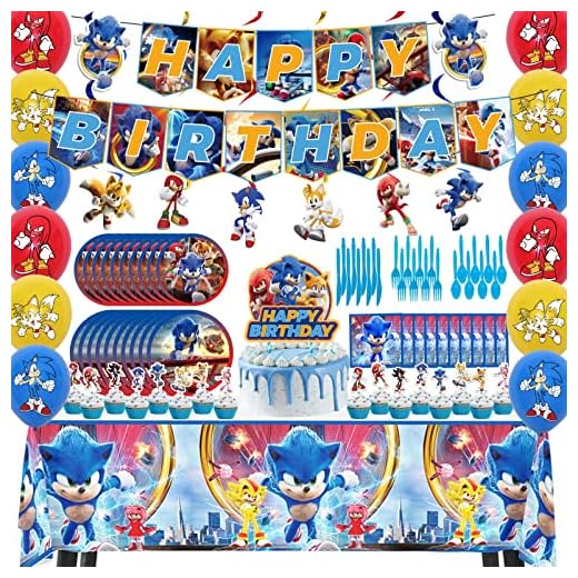 Sonic Birthday Party Supplies, Sonic Party Decorations Include Banner, Hanging Swirls, Cake Topper, Latex Balloons, Plates, Tableware, Napkins, Tablecloth, Sonic the Hedgehog Party Favors