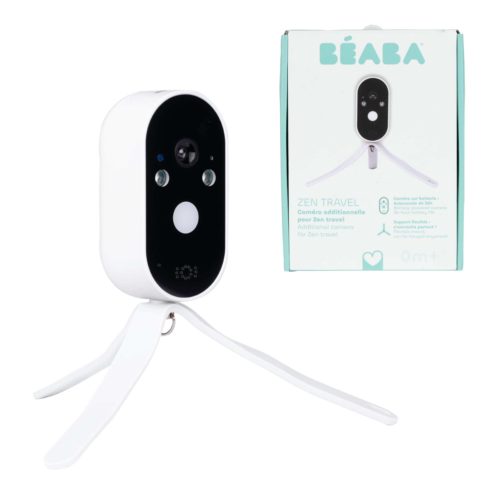 BÉABA Zen Travel Dodatkowa kamera dla niemowląt, 36-godzinna bateria 36 godzin, bez WiFi, lampka nocna, elastyczna podstawka, kompatybilna z Zen Travel/Zen Premium/Zen Night Light/Zen Smart AI
